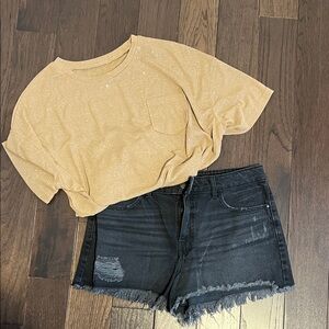 Wrangler High Rise Vintage Black Jean Shorts with Brown Sparkle Tee